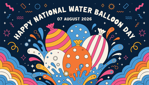 Colorful graphic illustration celebrating the national water balloon day event theme