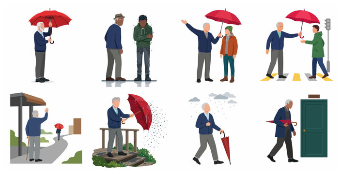 Flat vector illustration set of a kind senior man sharing a red umbrella with others in the rain, depicting kindness and generosity concepts.