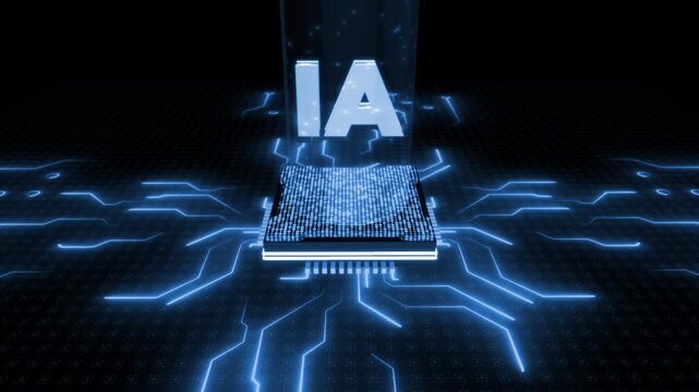 Royal blue color glowing circuit board with floating AI logo 360 view hi tech design black technology 3d  background