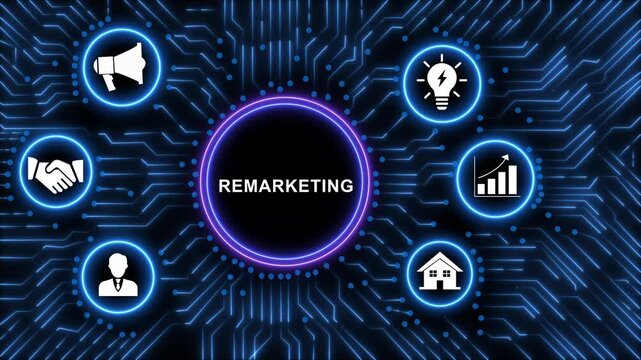 Dynamic digital remarketing concept featuring glowing circuit board background, with animated marketing, for business growth, customer retention, advertising, strategy, and modern, data analytics