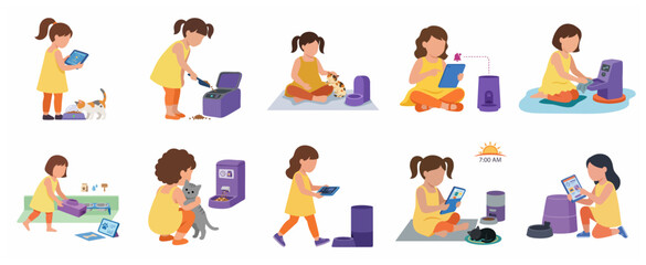 Fototapeta premium Set of illustrations showing a little girl using smart pet care devices and mobile apps to feed and monitor her cats