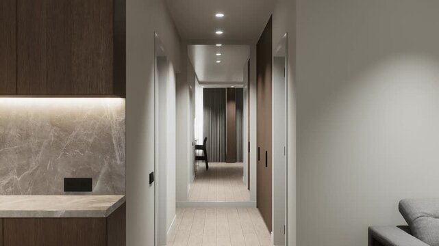 Modern Apartment Interior With Open Plan Kitchen Living Room And Corridor