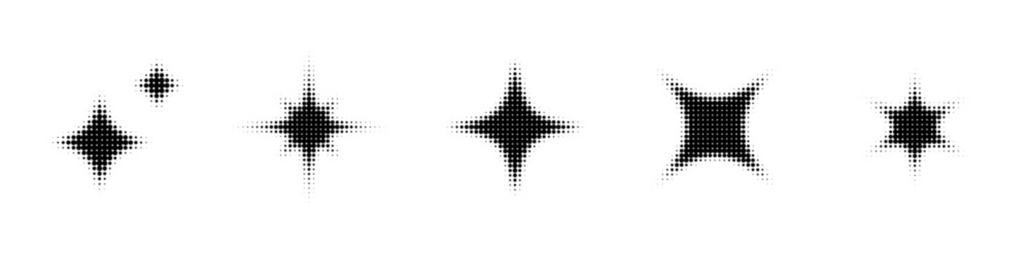 Halftone stars set with grunge dotted fade texture. Abstract comic pop art elements. Half tone grainy starburst collection. Pixel twinkling star. Vector illustration
