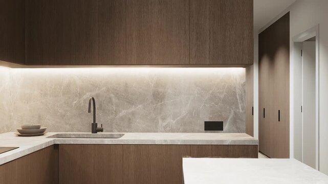 Modern Minimalist Kitchen Interior With Dark Wood Cabinets And Marble Backsplash