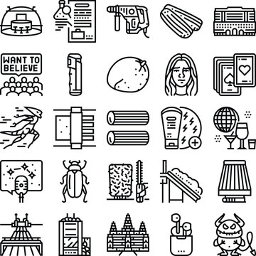 Black and white line icon set of diverse interconnected concepts technology, tools, cosmic and cultural symbols, everyday objects, emotions and fantasy elements in clean vector style