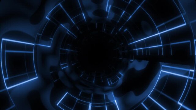 Royal blue color glowing hi tech sci-fi 3d tunnel seamless design black technology background  