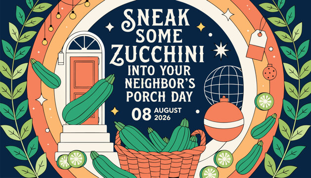Colorful vector illustration celebrating national sneak some zucchini onto porches day