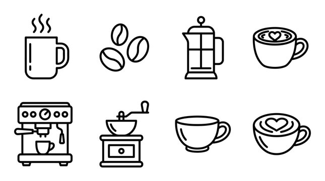 Coffee beans and cups with coffee maker and grinder icons