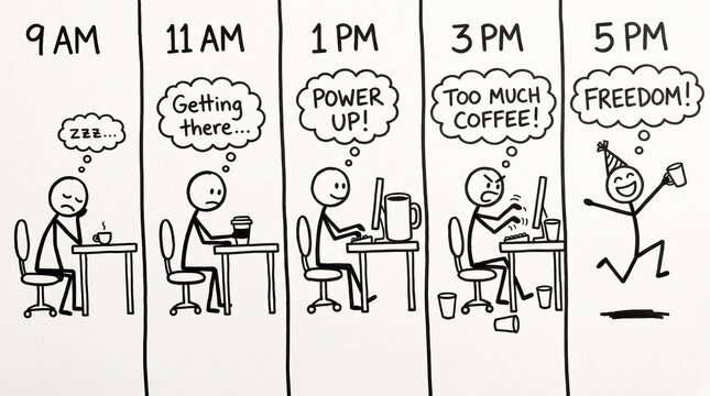 Humorous stick figure workday progression with coffee cups at 9am, 11am, 1pm, 3pm, 5pm showing energy rise from tired slump to active work and end-of-day celebration on white background.