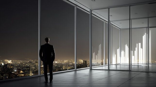Businessman cityscape night office glass window silhouette modern success growth. Confident businessman silhouette modern glass office overlooking