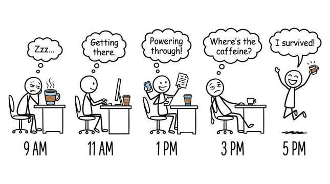 Humorous stick figure workday progression with coffee cups at 9am, 11am, 1pm, 3pm, 5pm showing energy rise from tired slump to active work and end-of-day celebration on white background.