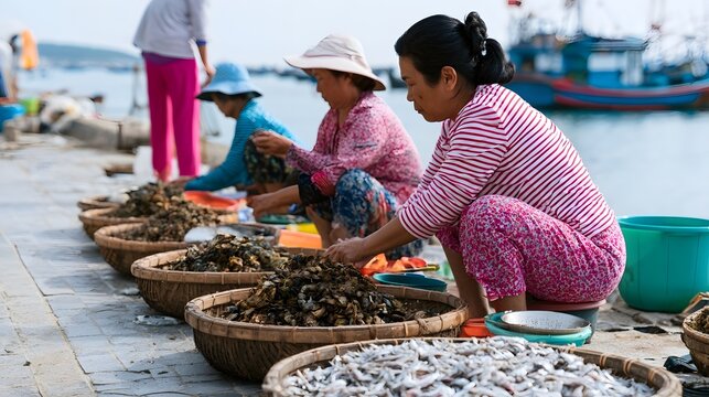 Women sorting fresh seafood into baskets at a sunny coastal market beside boats on calm water