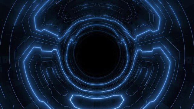 Royal blue color glowing hi tech sci-fi 3d tunnel seamless design black technology background  