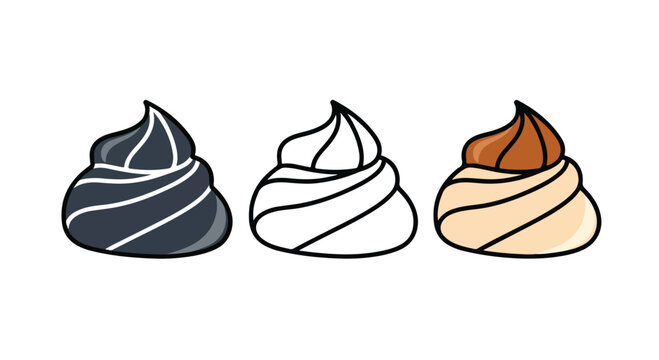 Meringue Swirl Collection: A set of three stylized meringue swirls, showcasing dark chocolate, classic vanilla, and a rich caramel swirl, presented in a clean, appealing visual.
