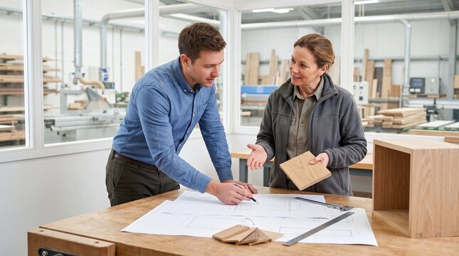 Furniture blueprint review, Designer and worker planning, Blank technical drawings and prototype, Workshop office collaboration, Production coordination