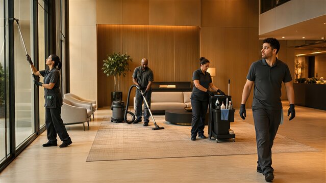 Professional cleaners working in luxury hotel lobby interior. Team of woman and man janitors cleaning floor and window with vacuum and supplies. Commercial maintenance and service concept.