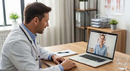 Obraz premium Doctor in a white coat sitting at a desk with a laptop showing a patient on a video call in a bright