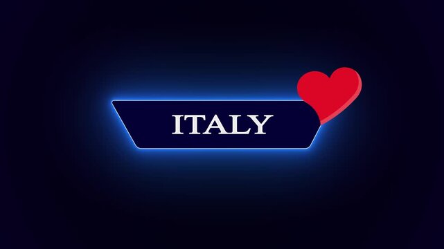 Vibrant neon nameplate for Italy, stylized with an illuminated geometric plate and a bright love heart emblem