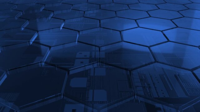 Royal blue color glass hexagonal shapes reflecting lights with circuit board hi tech design black technology background