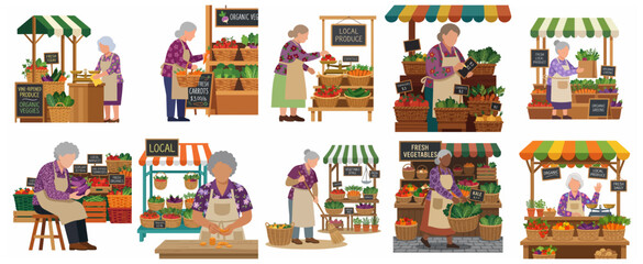 Fototapeta premium Flat vector illustration set of elderly women selling fresh organic vegetables at local farmers market stalls