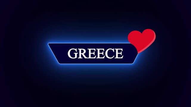 Polished geometric label displaying Greece text, integrated with a vibrant love heart shape on dark canvas