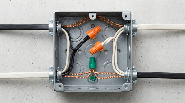 Open metal electrical junction box with connected wires | Residential electrical installation and wiring system | Close-up of wire nuts and ground connections | DIY home improvement and safety