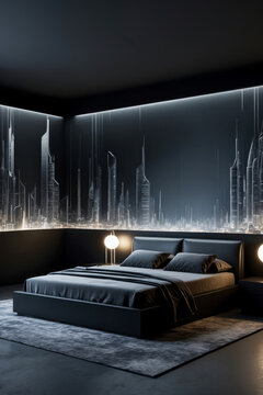 Modern Cozy Interior Bedroom Apartment room black color, Comfortable House Design AI Generative