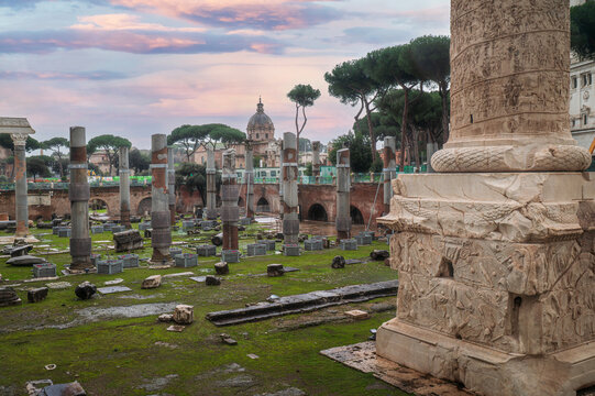 Scenic view over the ruins of the Foro di Traiano and part of Colonna Traiana in Rome, Italy