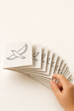 Hand fanning a flipbook of paper cards showing a bird illustration shrinking in perspective, creating an optical animation effect.