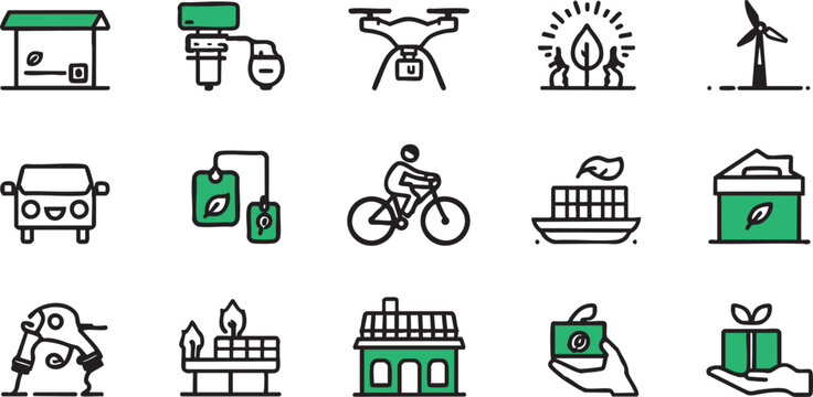 Green Technology and Eco Friendly Line Icon Set - Renewable Energy, Smart Ecology, and Sustainable Environment Vector Icons