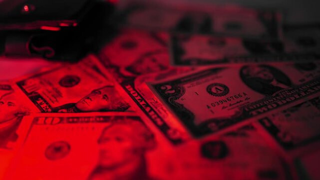 Police seized illegal money, smuggling. A close-up of the shadow market and dirty dollar bills used by criminals and scammers for laundering.