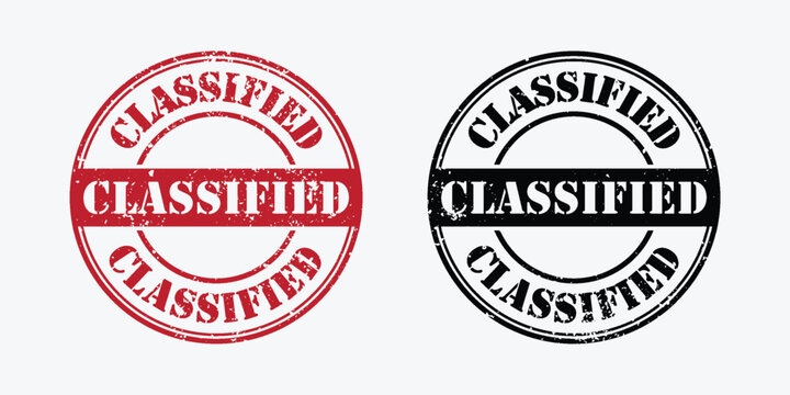 Classified rubber stamp set, red and black grunge document seal icons, secret information vector mark for office files