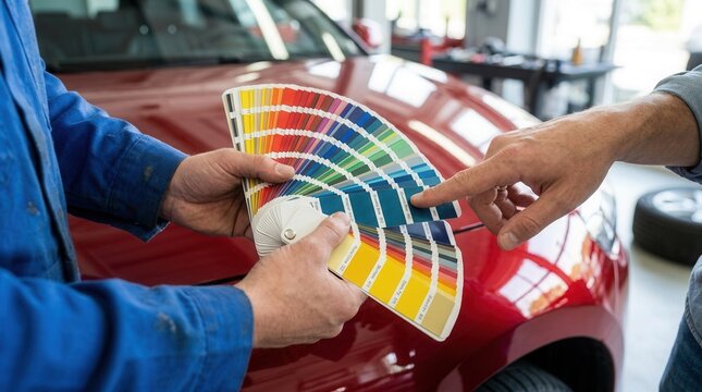Professional auto painter presenting color swatch cards to a client near a red vehicle.