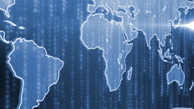 Royal blue color digital rain with world map design hi tech black technology background