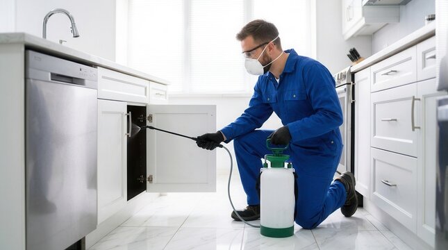 A pest control worker wearing a mask uses a sprayer in a kitchen