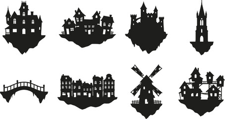 Obraz premium Black castle silhouette collection with fantasy buildings and medieval architecture vector icons