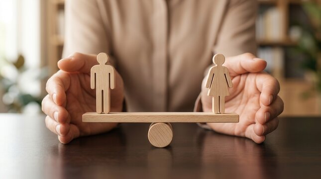 Conceptual representation of gender parity and equal balance using wooden human symbols.