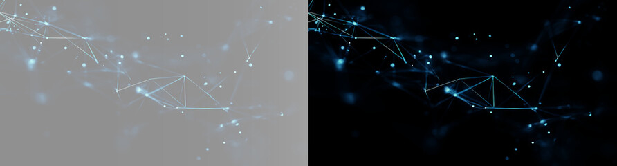 Cinematic minimalist global encryption infrastructure effect, abstract elegant dark turquoise node lattice design element. twin glowing digital neural network connections on black and grey background  © Lumına Studıo