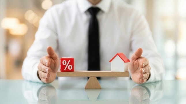Maintaining balance between mortgage interest rates and a house model using a wooden seesaw.