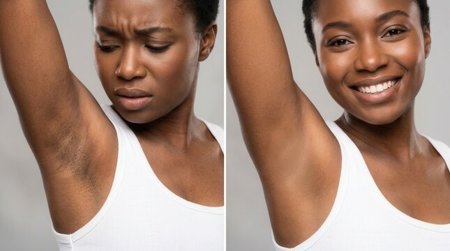 Comparison of hairy and smooth underarm skin for hair removal concept.