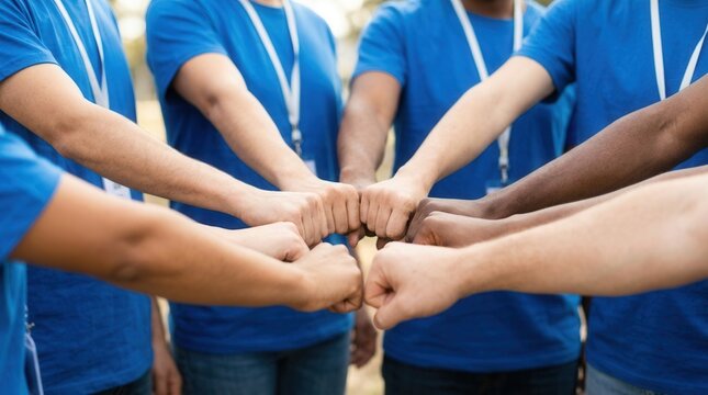 Group of charity volunteers wearing blue shirts joining hands in a circle of unity.