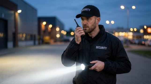Male security guard patrolling a dark area with a flashlight and handheld walkie-talkie.
