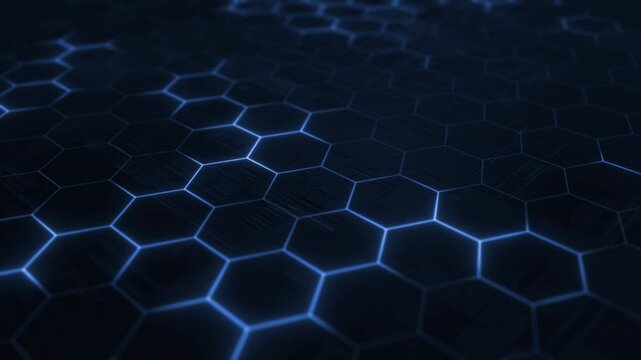 Royal blue color glowing glass hexagonal shapes with circuit board hi tech design black technology background