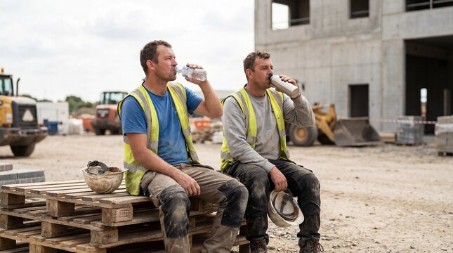 Two construction workers drinking water during break on building site. Hydration and rest for manual labor day. Health and safety concept.