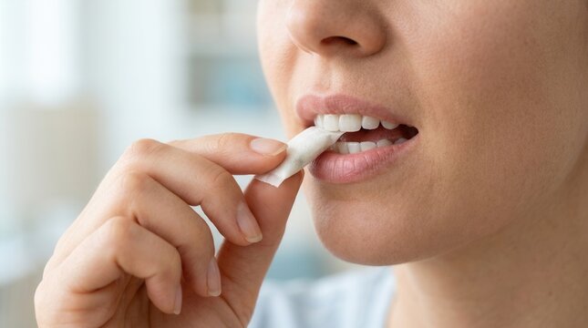 Close up of a woman placing a moist nicotine pouch into her mouth.