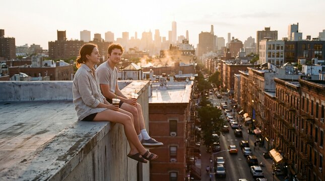 Woman and man sit on rooftop ledge in city at sunset. Urban lifestyle concept for leisure, vacation. Romantic couple enjoying panoramic view.