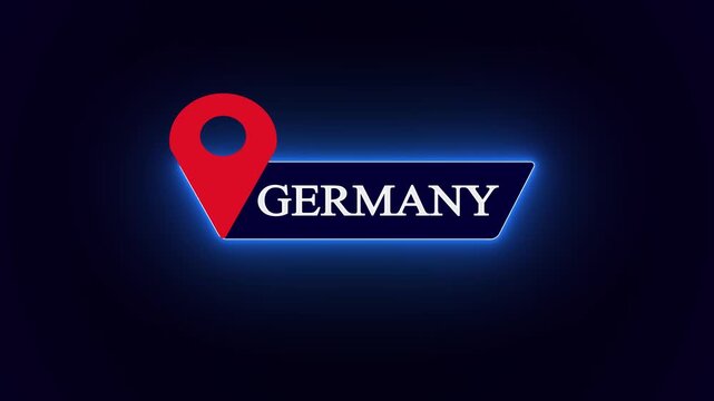 Luminous country name label template for Germany, featuring a creative location marker and neon frame