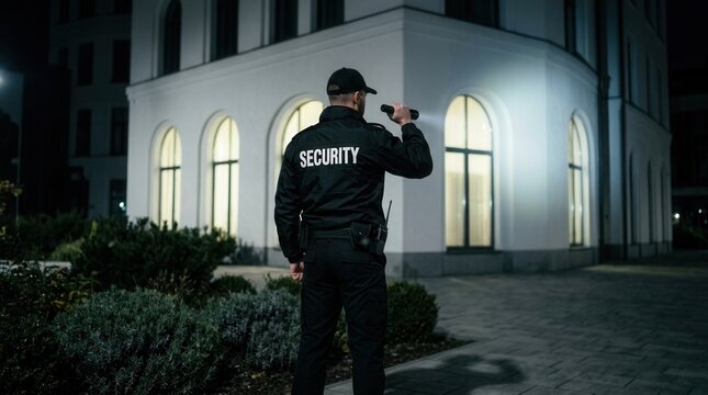 Professional security guard on patrol near a large building in the dark.