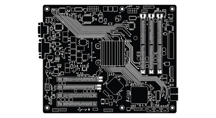 Obraz premium Printed circuit board with electronic components detailed black silhouette pcb electronics
