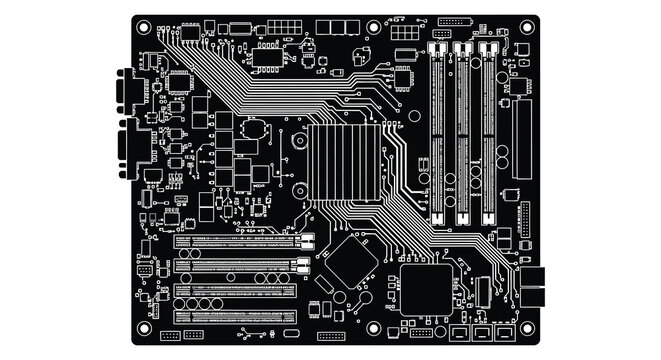 Printed circuit board with electronic components detailed black silhouette pcb electronics